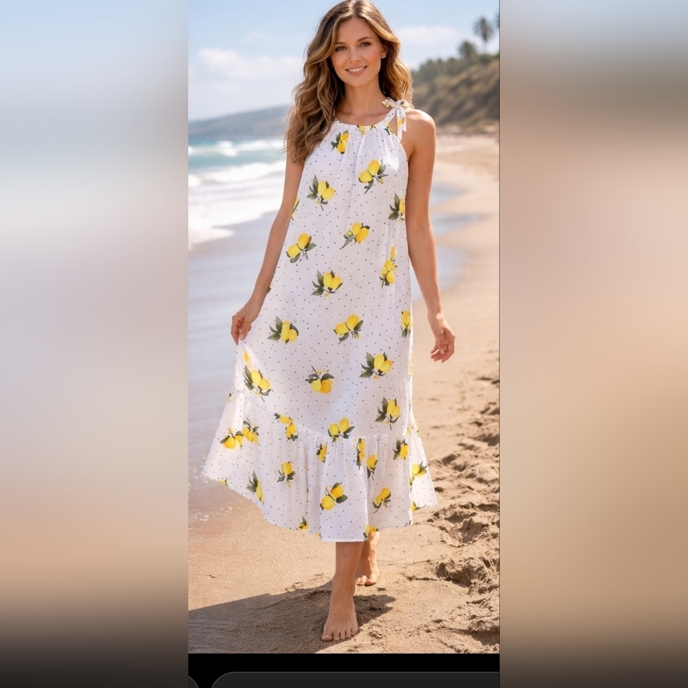 Chloé + Renée Maxidress Lemons Sleeveless Size XL Bow On Side Strap